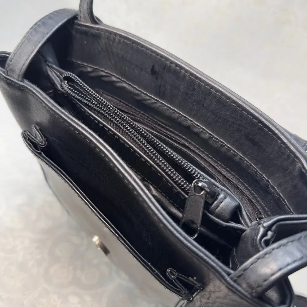 Faux Leather Sleek Black Shoulder Bag Silver Hardware